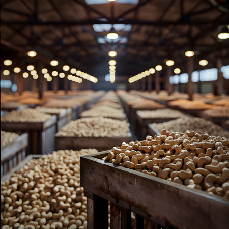 Cashew nuts harvested in wooden boxes in a warehouse. Natural organic fruit abundance. Healthy and natural food storing and shipping concept.の素材