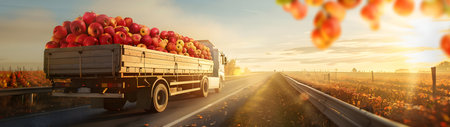 Cargo truck carrying red apples on the road in an orchard with sunset. Concept of food production, transportation, cargo and shipping.の素材