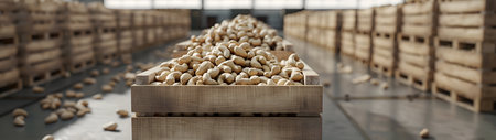 Cashew nuts harvested in wooden boxes in a warehouse. Natural organic fruit abundance. Healthy and natural food storing and shipping concept.の素材