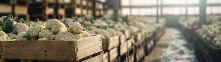 Cauliflower harvested in wooden boxes in a warehouse. Natural organic vegetable abundance. Healthy and natural food storing and shipping concept.の素材