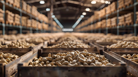 Cashew nuts harvested in wooden boxes in a warehouse. Natural organic fruit abundance. Healthy and natural food storing and shipping concept.の素材