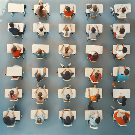 Top view of classroom with desks and school children sitting and studying.の素材