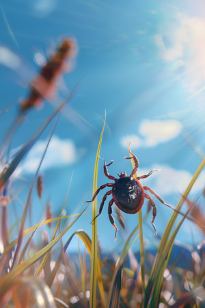 Tick on grass stalks with blue sky and sun shining in nature.の素材