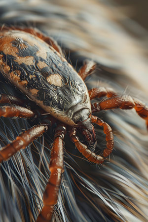 Tick closeup on dog's fur. Concept of danger, illness, parastitism and halthcare.の素材