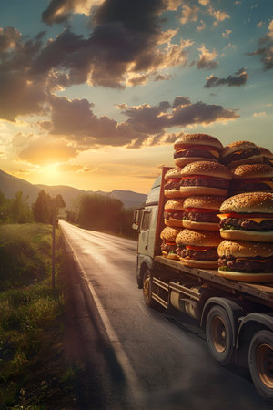 Cargo truck full of hamburgers on the road in the american countryside and sunset. Concept of high quality food products, cargo and shipping.の素材