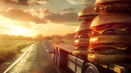 Cargo truck full of hamburgers on the road in the american countryside and sunset. Concept of high quality food products, cargo and shipping.の素材