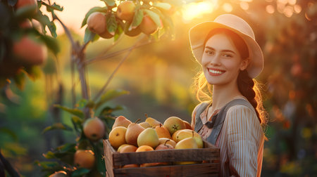 Beautiful young farmer woman holding a wooden box full of orange pear fruits standing in the field with sunset. Concept of healthy lifestyle, local farming and beauty.の素材