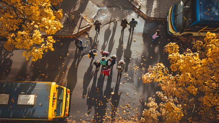 Aerial view of School bus and children in the town street in autumn. Back to school concept.の素材