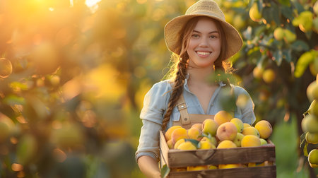 Beautiful young farmer woman holding a wooden box full of quince fruits standing in the orchard with sunset. Concept of healthy lifestyle, local farming and beauty.の素材