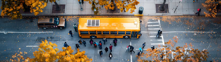 Aerial view of School bus and children in the town street in autumn. Back to school concept.の素材