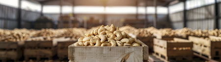 Cashew nuts harvested in wooden boxes in a warehouse. Natural organic fruit abundance. Healthy and natural food storing and shipping concept.の素材