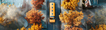 Aerial view of School bus in the street in autumn countryside. Back to school concept.の素材