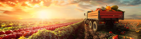 Cargo truck carrying various types of vegetables in a field with sunset. Concept of food transportation, logistics and cargo.の素材
