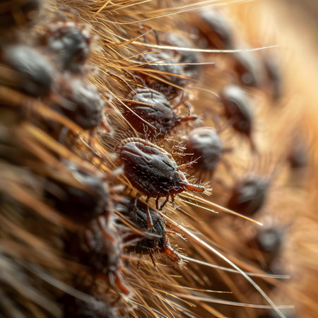 Group of ticks on dog's fur. Concept of danger, illness, parastitism and halthcare.の素材