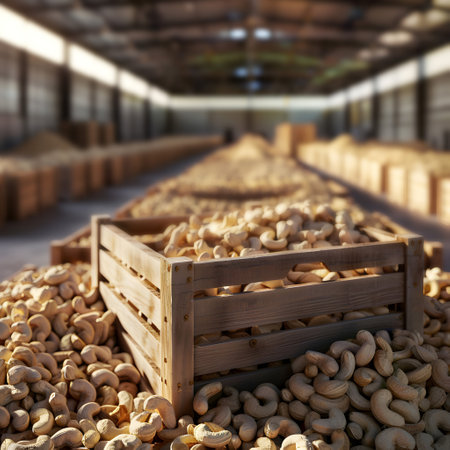 Cashew nuts harvested in wooden boxes in a warehouse. Natural organic fruit abundance. Healthy and natural food storing and shipping concept.の素材