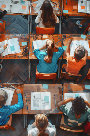 Top view of classroom with desks and school children sitting and studying.の素材