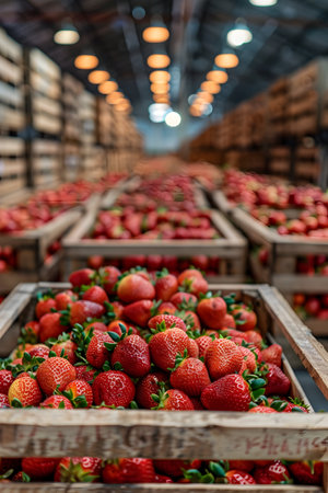 Strawberries harvested in wooden boxes in a warehouse. Natural organic fruit abundance. Healthy and natural food storing and shipping concept.の素材