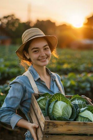 Beautiful young farmer woman holding a wooden box full of cabbage vegetable standing in the field with sunset. Concept of healthy lifestyle, local farming and beauty.の素材
