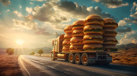Cargo truck full of hamburgers on the road in the american countryside and sunset. Concept of high quality food products, cargo and shipping.の素材