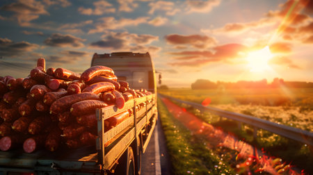 Cargo truck full of sausages on the road in the american countryside and sunset. Concept of high quality food products, cargo and shipping.の素材