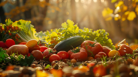 Various vegetables lying at the harvested field in autumn with mist and sun shining in the backgorund.の素材