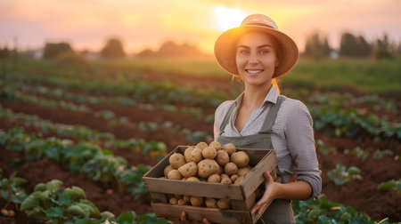 Beautiful young farmer woman holding a wooden box full of fresh potatoes standing in the field with sunset. Concept of healthy lifestyle, local farming and beauty.の素材