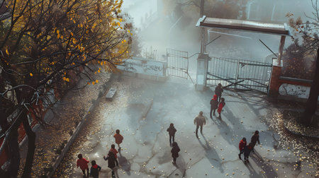 School children going to school in the town street in autumn. Back to school concept.の素材