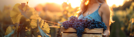 Beautiful young farmer woman holding a wooden box full of blue grape fruit standing in the field with sunset. Concept of healthy lifestyle, local farming and beauty.の素材