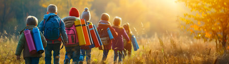 Group of school children carrying school bags and huge colorful crayons in the autumn forest going to school.の素材