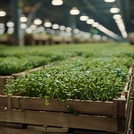 Cress growing in wooden boxes in a warehouse. Natural organic fruit abundance. Healthy and natural food storing and shipping concept.の素材