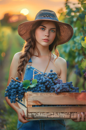 Beautiful young farmer woman holding a wooden box full of blue grape fruit standing in the field with sunset. Concept of healthy lifestyle, local farming and beauty.の素材