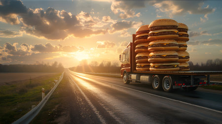 Cargo truck full of hamburgers on the road in the american countryside and sunset. Concept of high quality food products, cargo and shipping.の素材