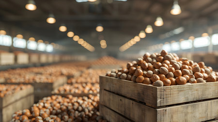 Hazel nuts harvested in wooden boxes in a warehouse. Natural organic fruit abundance. Healthy and natural food storing and shipping concept.の素材