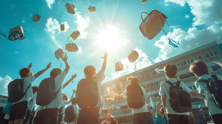 Joyful school children running to school in the town street in autumn. Back to school concept.の素材