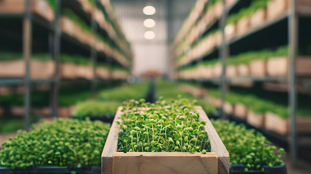 Cress growing in wooden boxes in a warehouse. Natural organic fruit abundance. Healthy and natural food storing and shipping concept.の素材