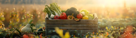 Various vegetables in wooden box lying at the harvested field in autumn with mist and sun shining in the backgorund.の素材