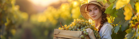 Beautiful young farmer woman holding a wooden box full of white grape fruit standing in the field with sunset. Concept of healthy lifestyle, local farming and beauty.の素材