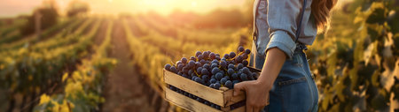 Beautiful young farmer woman holding a wooden box full of blue grape fruit standing in the field with sunset. Concept of healthy lifestyle, local farming and beauty.の素材