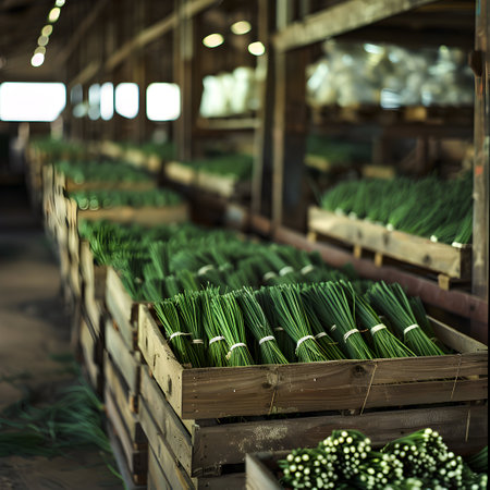Chives harvested in wooden boxes in a warehouse. Natural organic fruit abundance. Healthy and natural food storing and shipping concept.の素材