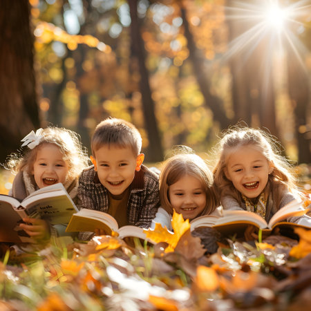 Group of children reading books in autumn forest. Concept of learning, studying, educatin and enjoyment.の素材