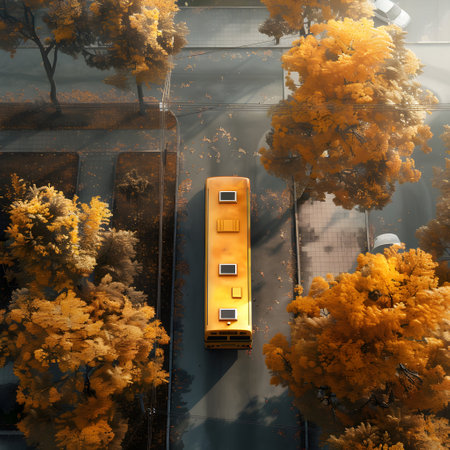 Aerial view of School bus in the street in autumn countryside. Back to school concept.の素材