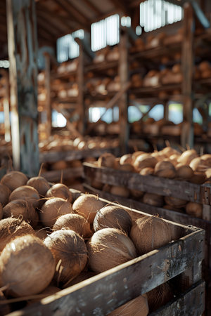 Coconuts harvested in wooden boxes in a warehouse. Natural organic fruit abundance. Healthy and natural food storing and shipping concept.の素材