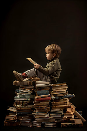 Child sitting on book piles and reading. Concept of education, learning, knowledge and leisure activity.の素材