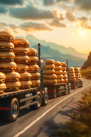 Cargo truck full of hamburgers on the road in the american countryside and sunset. Concept of high quality food products, cargo and shipping.の素材