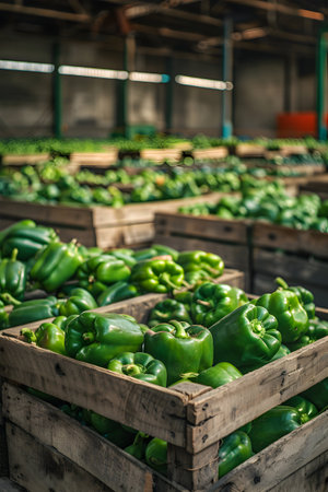 Green bell peppers harvested in wooden boxes in a warehouse. Natural organic vegetable abundance. Healthy and natural food storing and shipping concept.の素材