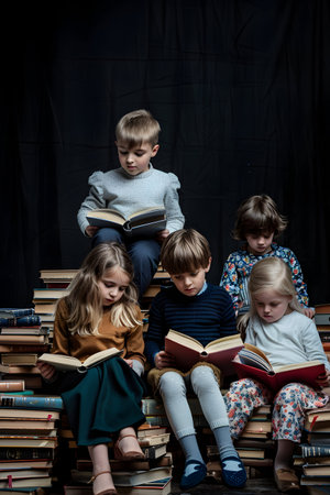 Group of children sitting on book piles and reading. Concept of education, learning, knowledge and leisure activity. Black background.の素材