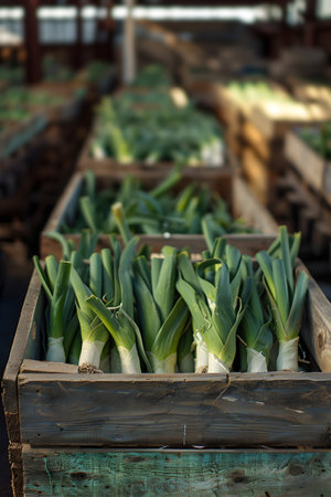Leeks harvested in wooden boxes in a warehouse. Natural organic fruit abundance. Healthy and natural food storing and shipping concept.の素材