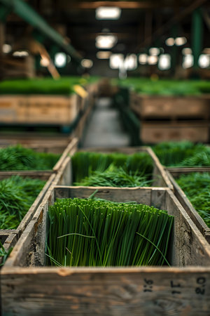 Chives harvested in wooden boxes in a warehouse. Natural organic fruit abundance. Healthy and natural food storing and shipping concept.の素材