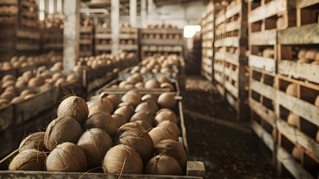 Coconuts harvested in wooden boxes in a warehouse. Natural organic fruit abundance. Healthy and natural food storing and shipping concept.の素材