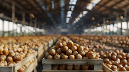 Hazel nuts harvested in wooden boxes in a warehouse. Natural organic fruit abundance. Healthy and natural food storing and shipping concept.の素材